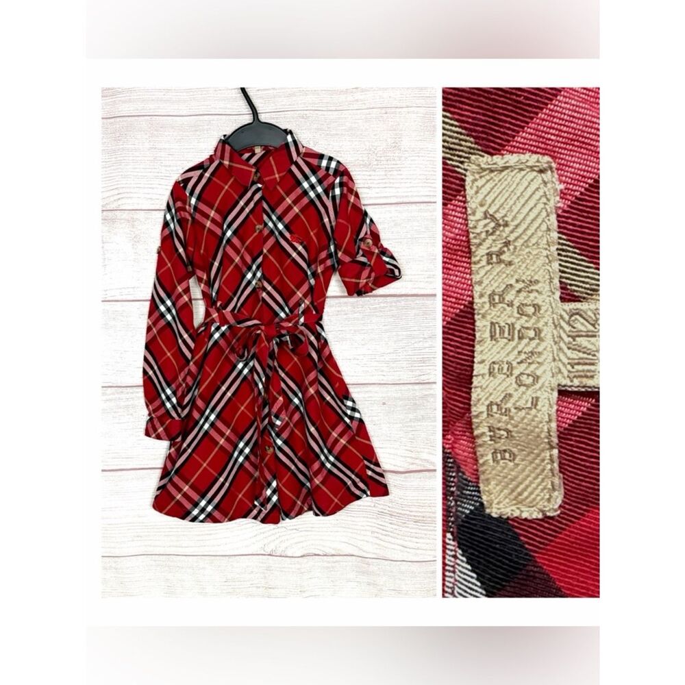 Burberry London Girls Red Nova Check Shirt Dress Belted Cotton Size 11-12Y